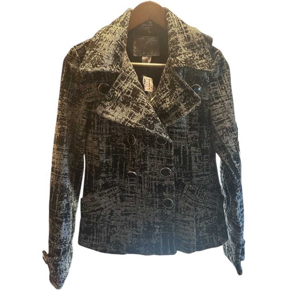 BKE Women Black Grey Textured Double Breasted Wool Blend Peacoat Jacket Size S